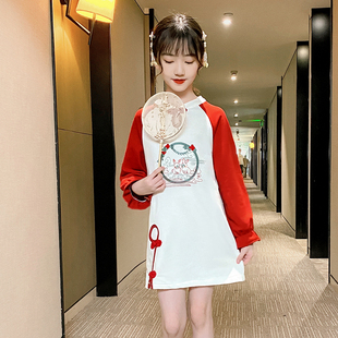 网红亲子装2023春季母女装中国风改良版旗袍，中长款洋气卫衣裙