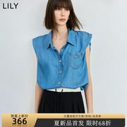 lily2024夏女装(夏女装)不对称链条，设计感宽肩休闲通勤款无袖牛仔衬衫