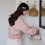 粉色卫衣女2023秋季学生装甜美圆领宽松套头褶皱抽绳收腰卫衣