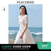 太平鸟2024夏季设计感连衣裙赫本风法式方领浪漫白色长裙