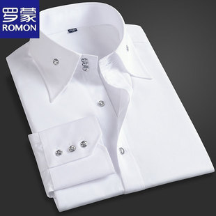 罗蒙品牌秋季高领白色长袖衬衣秋款男土衬衫2023男士大领寸衫