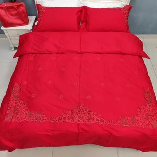 品牌重工刺绣婚庆四件套结婚床上用品双人尺寸新婚床单大红色婚床