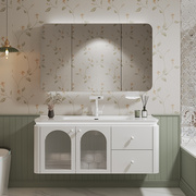 法式田园奶油风陶瓷一体盆浴室柜，镜柜智能简约洗漱池圆弧收纳美妆