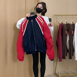 外套女春秋装欧货撞色棒球服设计感小众拼接短款红色运动夹克