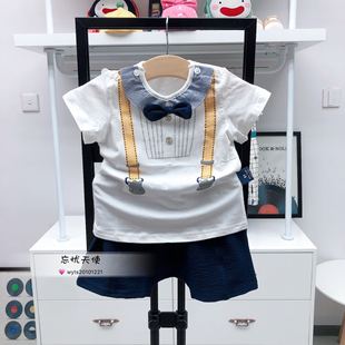 韩国中小童装 夏季男童宝宝可爱帅气领结短袖T恤 短裤套装