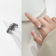 DIY配件 S925纯银个性复古戒指空托珍珠玉石银戒托开口指环半成品