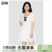 GW大码女装蝴蝶结领泡泡袖连衣裙2024夏季微胖mm高腰显瘦裙子