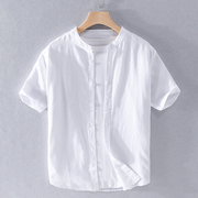 亚麻短袖衬衫圆领男士休闲透气柔软棉麻料日系，宽松潮立领白色衬衣