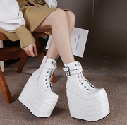 女靴黑白松糕厚底16cm高跟鞋防水台坡跟17cm短靴cosplay舞台中靴