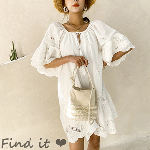 findit外单2色精致刺绣棉，透气白色度假风连衣裙，清爽白色仙女裙