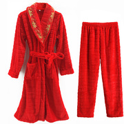 秋冬季女士中长款法兰绒睡袍套装，浴袍性感结婚大红色珊瑚绒家居服