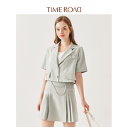 Time RoaD/汤米诺夏季短袖套裙西装外套百褶裙两件套T24234211036