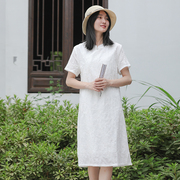 中式复古绣花白色旗袍裙民国风气质短袖夏季纯棉过膝长裙女连衣裙