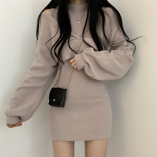 韩国chic气质性感立领无袖，修身包臀连衣裙+露肩扭结灯笼袖外套女