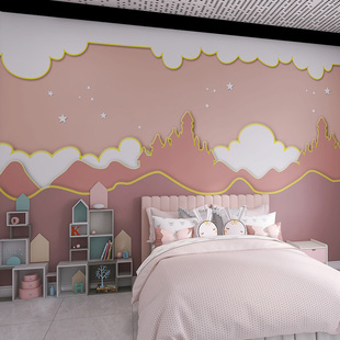 北欧简约公主房粉色白云壁纸儿童房墙纸女孩卧室床头温馨环保墙布