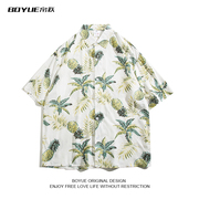 BOYUE帛跃沙滩潮牌菠萝满印衬衫青少年夏季创意趣味性半袖衬衣男