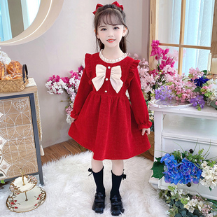 女童公主裙春秋季宝宝，红色连衣裙洋气长袖，儿童裙子甜美小女孩童装
