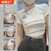辣妹纯欲风短袖t恤女2023夏季性感高腰，紧身露脐短款上衣印花