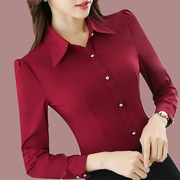 红色黑色衬衫女长袖，纯色韩版职业装正装修身显瘦工作服上衣打底衫