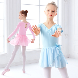 舞蹈服儿童女夏季短袖跳舞练功服舞蹈裙女童长袖蓝色少儿演出裙子