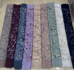 n28亮片钉珠刺绣软网纱蕾丝面料，布料礼服定制料多色紫色兰色白色