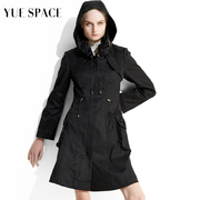 YUESPACE春秋女士风衣外套修身连帽中长款英伦时尚拉链显瘦黑色