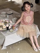 艾米2024夏季女童套装，国风粉色背心连衣裙，手工中式刺绣连衣裙