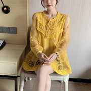 2023春季韩版女装宽松遮肚显瘦小衫a字型网纱刺绣，上衣气质蕾丝衫