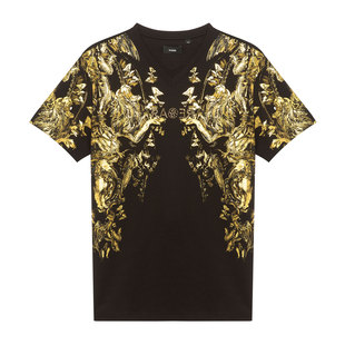 RARE威雅 夏季半袖金色竖琴系列立体金色水晶点缀男士黑色短袖T恤
