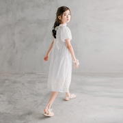 2023女童公主裙夏季儿童韩版洋气，一字领蕾丝，连衣裙珍珠蕾丝裙