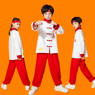 儿童武术表演服装中国风，男女中小学生运动会啦啦队，舞龙打鼓演出服