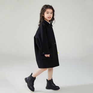 韩版中长款双面羊绒大衣男女童2023冬儿童羊毛呢外套中大童潮