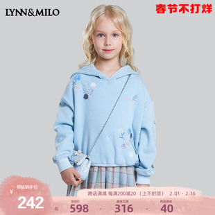 LYNNMILO琳麦罗2024女童卫衣 蓝色加绒洋气套头带帽宽松上衣