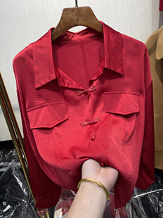 中式复古盘扣衬衫女2024春装翻领缎面垂感气质长袖大红色衬衣