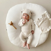 2021秋韩国童装花边围兜小兔帽子婴儿打底套装宝宝睡衣婴童家居服