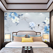20232023新中式卧室床w头背景墙布装饰壁画壁布主卧壁纸花鸟壁