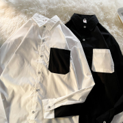 春季黑白拼接撞色长袖衬衣男港风，宽松ins情侣，设计感小众潮流衬衫