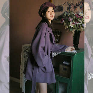 紫色毛呢外套2023年女中长款冬季学院风小个子加厚赫本风大衣