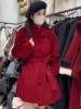 秋冬过年红色羊绒大衣女短款小个子系带立领双面，羊毛呢外套厚