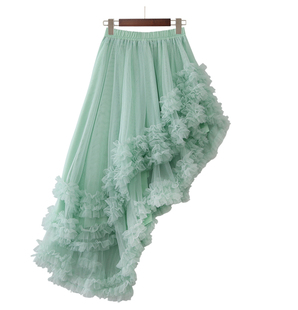 纱纱裙糖果绿色松紧腰仙气网纱，半身裙蓬蓬不规则，三层荷叶边蛋糕裙