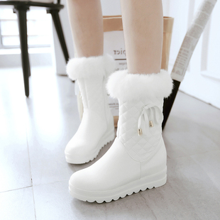 马靴女靴半筒靴子白粉色(白粉色，)学生秋冬季大棉鞋内增高坡跟雪地靴加厚绒