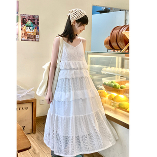 小雨良品日系海边度假白色法式吊带裙蕾丝连衣裙夏季女小个子裙子