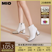 MIO米奥2023年冬季方头高跟靴子韩系显瘦羊皮革真皮短筒时装靴女