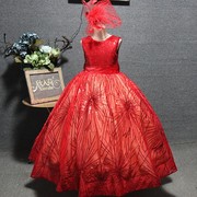 长款大红色亮片艺考主持走秀钢琴女童宫廷礼服，蓬蓬礼服裙