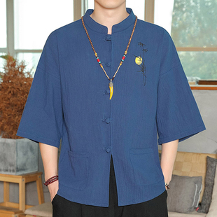 中国风棉麻男衬衫，复古风唐装夏季中式立领中山亚麻短袖半袖上衣服
