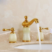 全铜欧式玉石面盆冷热水龙头浴室柜分体式三孔双把金色洗手盆龙头