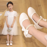 女童皮鞋白色公主鞋2024儿童，高跟单鞋银色，礼服走秀钢琴演出鞋