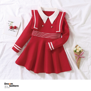 女童红色连衣裙儿童针织毛衣裙学院风翻领宝宝长袖裙子小女孩童装