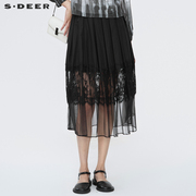 sdeer圣迪奥黑色半身裙，夏装优雅蕾丝网纱，拼接a字长裙s22281140