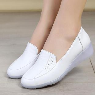 春秋季女鞋坡跟单鞋小白鞋白色，护士鞋牛筋底中跟软底工作鞋真皮鞋